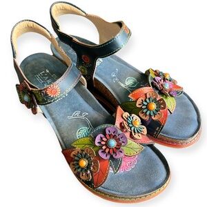 Navy L’artiste Floral Wedge Sandals | Size 10 | hand painted leather shoes